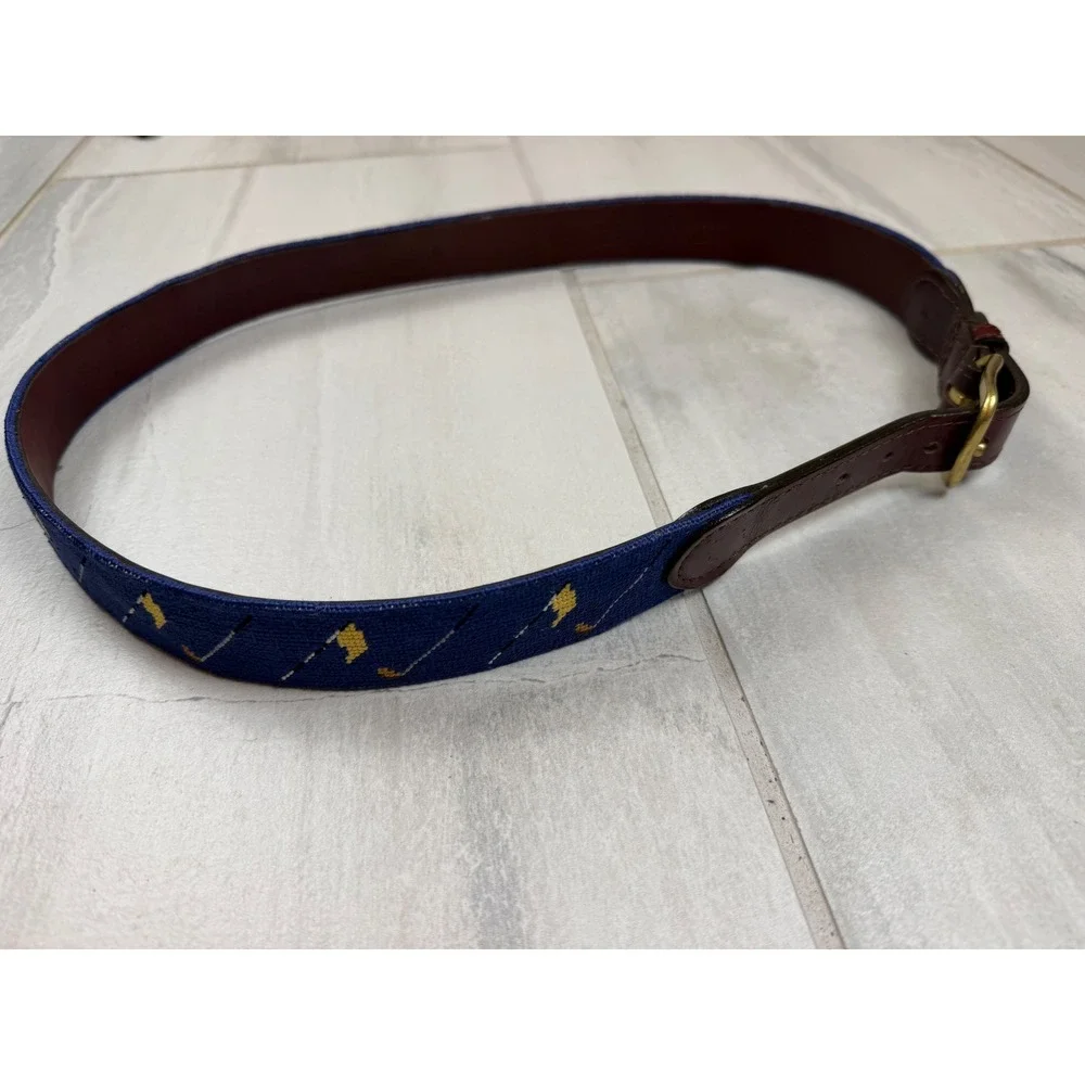 Smathers & Branson Mens Golf Needlepoint Belt Navy Blue Leather Size 36 Brass